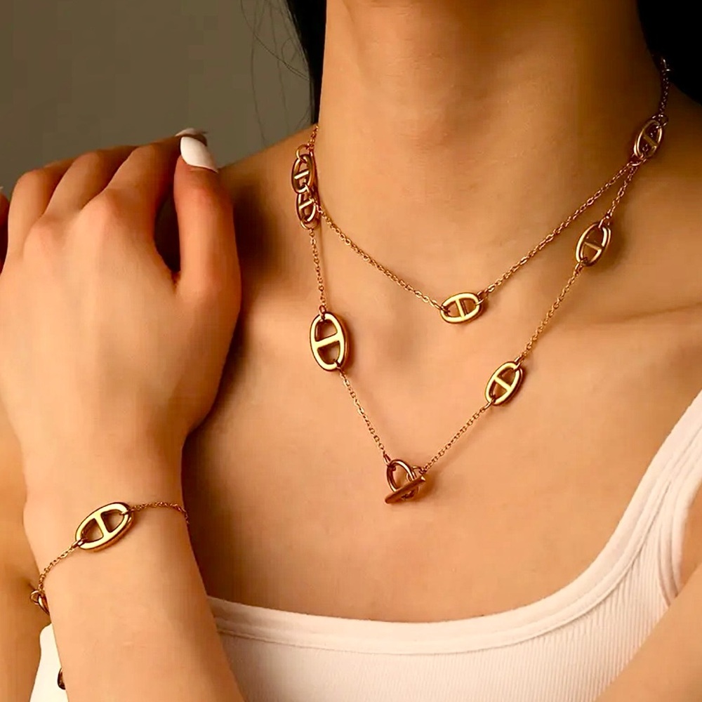 Multilayer Gold Plated Pig nose Necklace Bracelet Set Stainless Steel - Picture 3 of 15